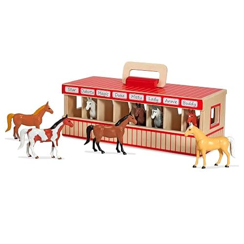 Melissa & Doug Take-Along Show-Horse Stable Play Set– Pretend Play Wooden Barn Toy with 8 Horse Toys & Carrying Case, Portable Preschool Travel Toys for Kids Ages 3+ thumbnail 4