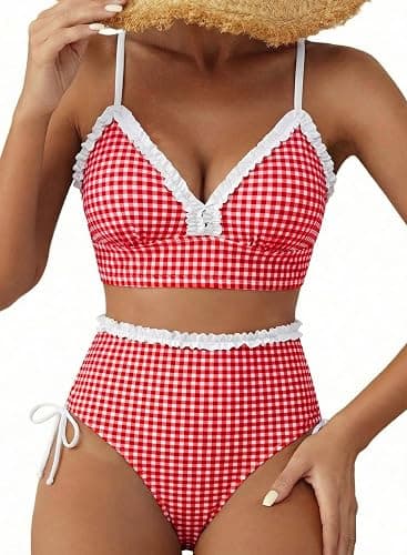 Herseas Women's Splice Ruffle Trim Bikini Sets Tie Side Swimsuits High Waisted Bathing Suits - Image 1