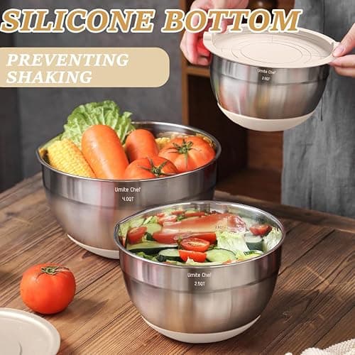 Mixing Bowls with Airtight Lids Set, 26PCS Stainless Steel Khaki Bowls with Grater Attachments, Non-Slip Bottoms & Kitchen Gadgets Set, Size 7, 4, 2.5, 2.0,1.5, 1QT, Great for Mixing & Serving thumbnail 4