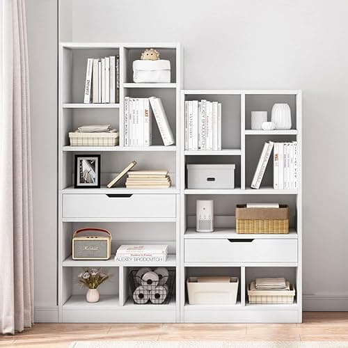 IOTXY Wooden Open Shelf Bookcase - 61" Height Free Standing Display Storage Cabinet Organizer with 8 Cubes and a Drawer, Floorstanding Bookshelf, Warm White thumbnail 5
