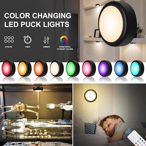 BLS LED Puck Lights with Remote Control, Wireless Under Cabinet & Closet Lighting, RGB 13 Color Changing Lights with Dimmer, Timer & AA Battery Operated, Push, Touch, Stick on for Night, Black, 6 Pack thumbnail 6