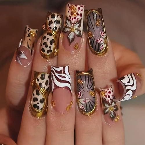 Medium Square Press on Nails Fake Nails Artificial Nail Stick on Nail for Women, Leopard Flower & Line Patterns with Gold Glitter - Image 1