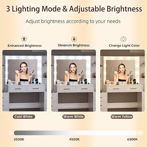 58.3" Large Vanity Desk with Mirror & Lights, Makeup Vanity with 10 LED Lights, 8 Metal Sliding Drawers & 2 Cabinets, White Vanity Set with Stool & Power Outlet 3 Lighting Modes Adjustable Brightness thumbnail 4