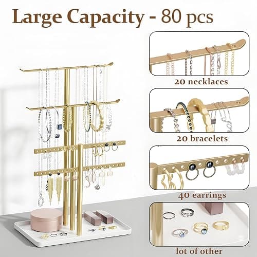 Jewelry Stand Organizer, 32cm Tall Sturdy Metal, 3-Tier Jewelry Holder for Necklace, Earring, Bracelet, Ring, Hanger for Display and Storage, Aesthetic Room Decor, Gold Jewlery Stand with White Tray thumbnail 4