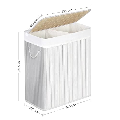 SONGMICS - Laundry Basket with Lid - Bamboo Laundry Basket with 2 Sorting Compartments, Removable Bag, Cotton Handles - Volume 100L, for Laundry Room, Bedroom - White -LCB64WT thumbnail 3