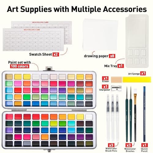 Watercolor Paint Set 100 Colors botkc Travel Water Colors kit with 7 Brushes 8 Watercolor papers Palette set Including Metallic and Accessories Art Supplies Gifts for Kids Artists Teens Adults and Hobbyists thumbnail 3