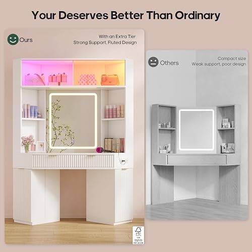HAUOMS Corner Vanity, with Bag Showcase, LED Lights, Fluted Wood Luxury Makeup Vanity Desk with Mirror, Big Dressing Table with Glass Top, Cabinets, Shelves, Drawers, Charging Station, White thumbnail 9