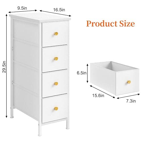 Fixwal Narrow Storage Cabinet, Slim Dresser with 4 Fabric Drawers, White | 9.5in width, sturdy & stable structure, solid steel frame, wooden top, suitable for bedroom, bathroom & laundry room thumbnail 2