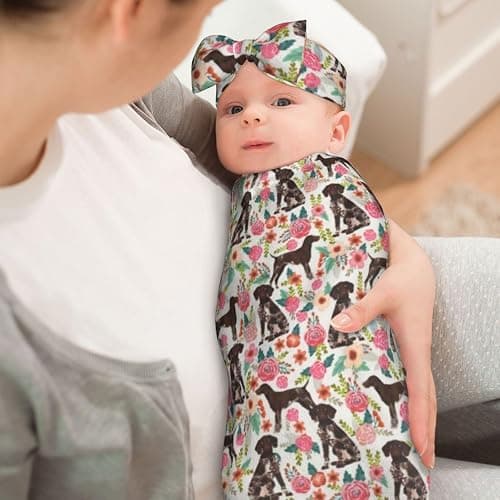 German Shorthaired Pointer Dogs Flower Floral Newborn Swaddle Blanket with Headband Set Soft Nursery Shower Gift Set for Unisex Baby thumbnail 2