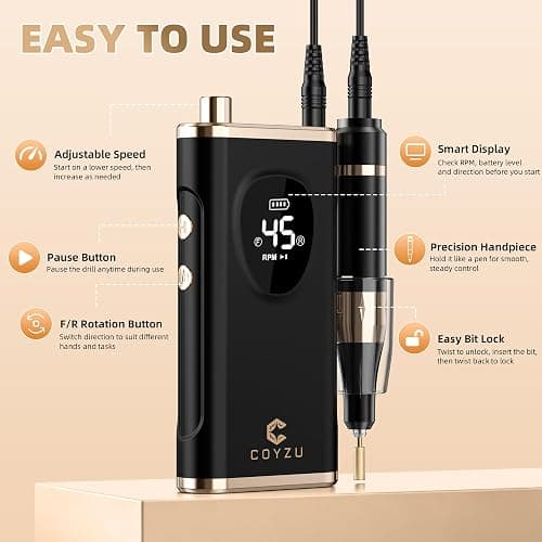 COYZU Professional Electric Nail Drill Rechargeable Nail File | for Acrylic & Gel, High Speed 45000RPM, Cordless, Portable Gel Polish Removal E file, Beginner Friendly, for Beauty Lovers thumbnail 9
