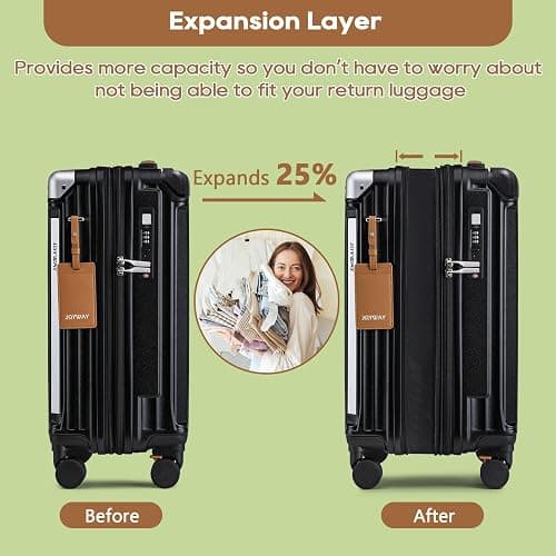 Joyway 20in Carry On Luggage with Cup Holder and USB Port, 25% Expandable Capacity, Smart Suitcase with Anti Slip Wheels and Handbag, Perfect for Men and Women 3 Piece Set Black thumbnail 4