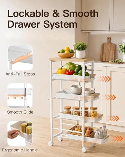 Pipishell Slim Storage Cart with Drawers & Lockable Wheels, 5 Tier Kitchen Cart with Safety Stops & Vented Design, Wood Top, Narrow Rolling cart for Kitchen, Bathroom, Laundry Room, White thumbnail 4