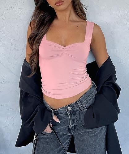 TiulZial Women's Sleeveless Backless Crop Tank Top Sexy Pleated Bustier Sweetheart Neck Strappy Y2K Cami Cropped Tops - Small - Pink thumbnail 5