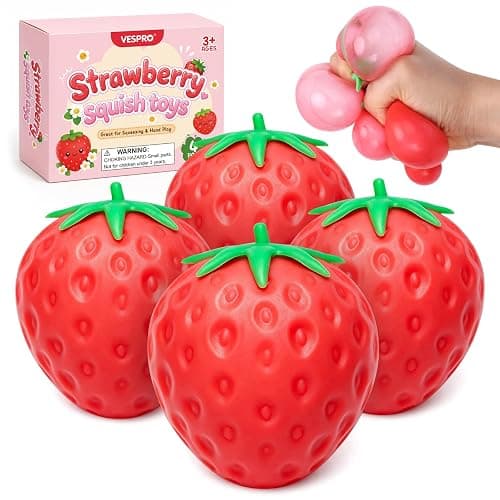 4 Pcak Strawberry Squish Stress Balls, Cute Bulk Strawberry Squeeze Toys | Fruit Squishies Toy, Big Kawaii Sticky Stress Fidget Toy for Kids, Teen Boys Girls Birthday Gift Ideas - Image 1