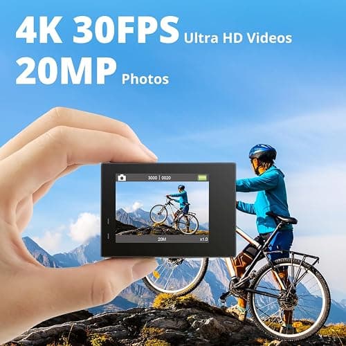 AKASO Brave 4 4K30fps 20MP WiFi Action Camera Ultra Hd with EIS 131ft Waterproof Camera Remote Control 5xZoom Underwater Camcorder with 2 Batteries and Bicycle Helmet Accessories Kit thumbnail 2