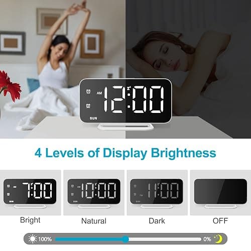 Slim LED Digital Alarm Clock, Mirror Surface for Makeup, with Diming, Large Display, Easy Setting, USB Ports, Modern Decor for Bedroom, Desk, Christmas, Birthday Gift for Women, Daughter, Girl, White - White thumbnail 8
