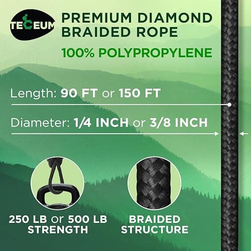 TECEUM Rope – 90 Feet x 3/8 Inch (10mm) – Black – Strong All-Purpose Utility Rope – Camping, Crafting, Flag Pole, Indoor & Outdoor – Polypropylene Nylon Poly Lightweight Diamond Braided Cord thumbnail 2