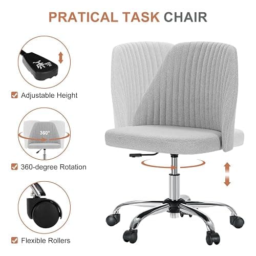 DUMOS Home Office Chair, Comfy Desk Chair with Rolling Wheels | Armless Height Adjustable, Wide Seating, Vanity Swivel Task, Bedroom Student Adults, Classic Grey thumbnail 5