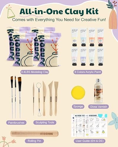 Kiocure Air Dry Clay for Adults & Kids, Pottery Tool Kit, DIY Kits for Adults with Air Dry Clay Paint & Varnish, Pottery for Beginners at Home thumbnail 2