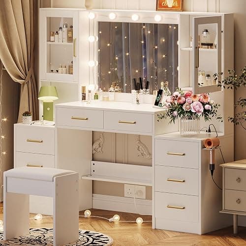 58.3" Large Vanity Desk with Mirror & Lights, Makeup Vanity with 10 LED Lights, 8 Metal Sliding Drawers & 2 Cabinets, White Vanity Set with Stool & Power Outlet 3 Lighting Modes Adjustable Brightness thumbnail 5