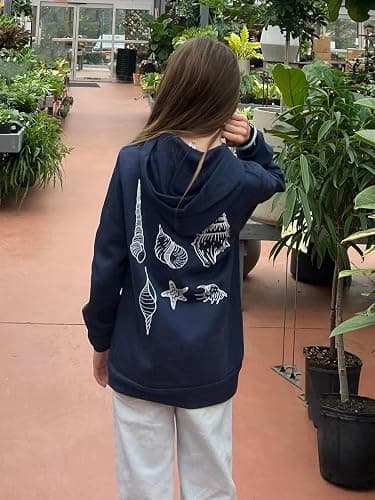 Yiulangde Women Teen Girls Cute Embroidered Flower Ocean Graphic Hoodies Coastal Preppy Long Sleeve Pocket Hoodie Sweatshirts - Conch Navy - Small thumbnail 4