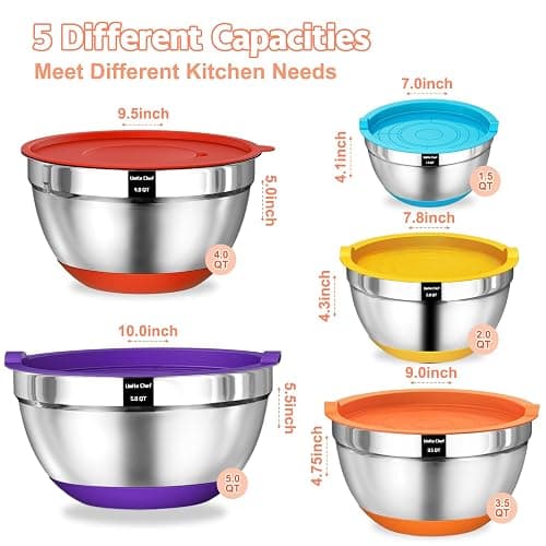 Umite Chef Mixing Bowls with Airtight Lids Set, 8PCS Stainless Steel Nesting Bowls Set, 3 Grater Attachments & Non-Slip Bottoms, Size 5, 4, 3.5, 2, 1.5QT for Baking & Mixing(Colorful) thumbnail 2
