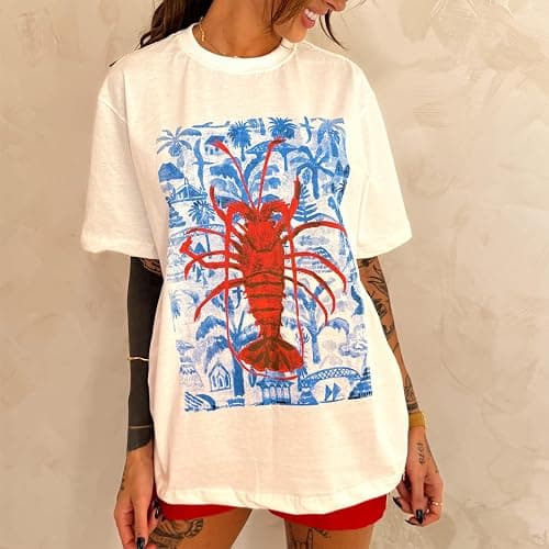 Women Cute Graphic Oversized Tees Fish Lobster Printed Y2K Baggy T Shirts Teen Girls Preppy Vintage Aesthetic Summer Tops thumbnail 2