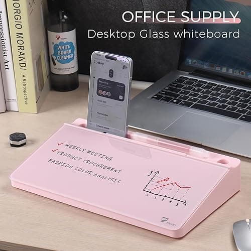 TOWON Small Compact Glass Desktop Whiteboard with Storage – 12 x 7 in Dry Erase Board for Desk, Home Office, School | Includes 5 Markers, Eraser & Holder | Space-Saving Organizer, Aesthetic Pink - Pink Compact thumbnail 3