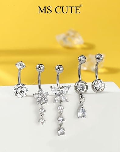 MS CUTE 5PCS Belly Button Rings for Women 14G Dangle Navel Piercing Jewelry Set Surgical Stainless Steel Body Jewelry with CZ Butterfly Flower Teardrop Barbell for Beach Festival Daily thumbnail 9
