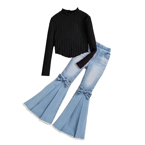 Asbabiy Girl's 2 piece outfit Rib Knit long sleeve top Sweater and Bow Front Flared Leg Jeans Pants Set for 7-13 Years - Image 1