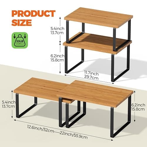 HYASTO Cabinet Organizer Shelf - 2 Pack Wood Kitchen Organizer, Upgraded Cabinet Organizer Shelf for Kitchen Storage, Countertop, Spice Rack, Stackable, Expandable, Ink Black and Natural Beige thumbnail 2