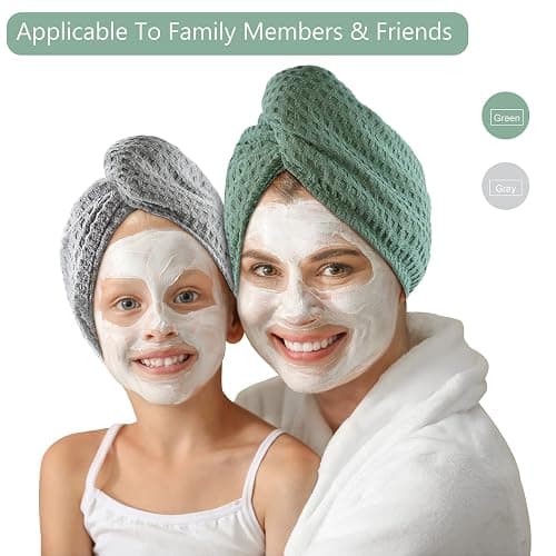Microfiber Hair Drying Towel - 2Packs Waffle Long Hair Head Turban Wraps Terry Cloth Fast Absorbent Dry Anti Frizz Twist Plopping Curly Shower Turban for Women Wet Hair (Green) thumbnail 5