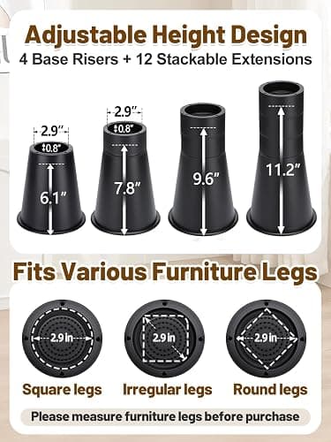 Apipi Adjustable 12 Inch Stable Bed Risers for Dorm Twin XL - Non-Slip Couch Furniture Risers Support up to 3000 lbs, Back to School Under Bed Storage College Dorm Must Haves (4 Pack) thumbnail 3