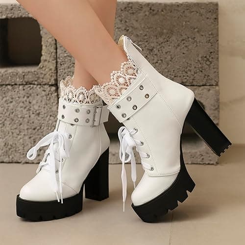 MEOTINA Goth Platform Boots Lace Buckle Gothic Cosplay Booties Chunky High Heels Ankle Boots Zipper Punk Shoes thumbnail 2