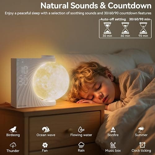 RETEYUNG Mondlampe mit Tageslichtwecker, 2 Wecker, Mondlicht RGB 8 Colors, 10 Natürlicher Klang, Nachttischlampe 3 Stufige Nachtlicht Wake up Light für Schlafzimmer Wohnzimmer (Weiß) thumbnail 6