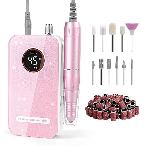 Professional Nail Drill Electric File 45000RPM, Portable Rechargeable Electric Nail File with 11 Drill Bits & 50 Sanding Bands, Low Noise Nail Drill Kit for Acrylic Gel Nails, Salon & Home Use, Pink - Image 1