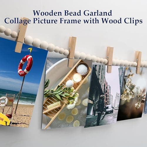 YuanDe Hanging Photo Display Wall Decor with 15 Wood Clips, 67 Inches Boho Wooden Bead Garland Collage Picture Frame Photos String DIY, Photo Hanger for Bedroom Office Dorm Room Decor Gifts(1PCS) thumbnail 4