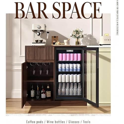Mini Fridge Cabinet with Power Outlet, Coffee Bar Cabinet with Fridge Space & Wine Glass Rack, Fluted Buffet Sideboard with Drawer & Adjustable Shelf, Home Bar Cabinet for Living, Dining Room Kitchen thumbnail 3