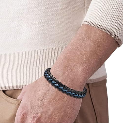 Magna Steel Men's Braided Genuine Leather Wristband Cuff Bracelet thumbnail 4