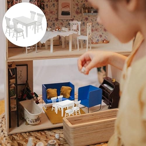 Beaupretty Doll House Furniture Miniature Wooden Dollhouse Table and Chairs Mini Accessories of Dining Room (White) thumbnail 4