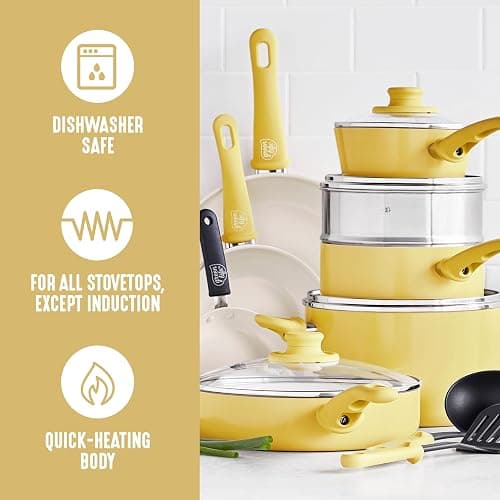 GreenLife 16 Piece Nonstick Cookware Set, Soft Grip Non-Toxic PFAS-Free Ceramic Pots & Pans, Dishwasher & Oven Safe, Frying, Sauce, Saute, Utensils, Glass Lids, Stay-Cool Handles, Wobble Free, Yellow thumbnail 5