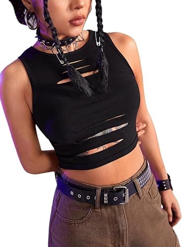 Floerns Women's Cut Out Sleeveless Round Neck Punk Rock Solid Ripped Crop Tank Top - Image 1