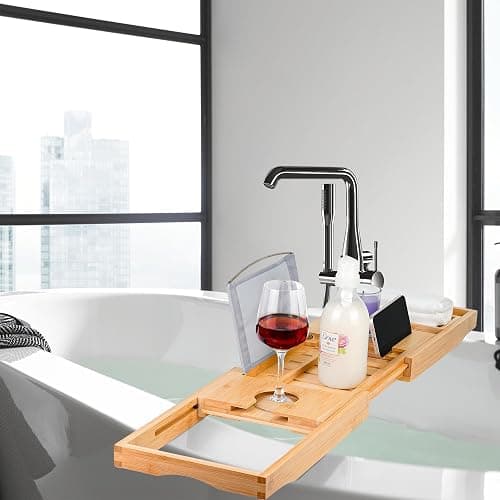 Utoplike Bathtub Caddy Tray, Bamboo Tub Tray with Sliding Towel Holder, Bath Table with Book Holder, Phone Stand and Adjustable Book Reading Rack, Tablet Slots thumbnail 8