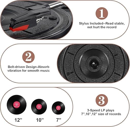 Vinyl Record Player Bluetooth Vintage 3-Speed Portable Turntables with Built-in Speakers, Belt-Driven LP Player Support USB Recording AUX-in RCA Line Out thumbnail 6
