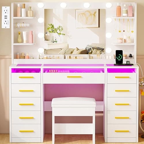 YUNSCEND Large Makeup Vanity with Mirror and Lights 3 Colors,Vanity Desk with Glass Top,11 RGB Drawers,6 Shelves,Makeup Desk with 5 Hooks,Power Outlet,Dressing Table for Girls Bedroom White UXFST004W - Image 1