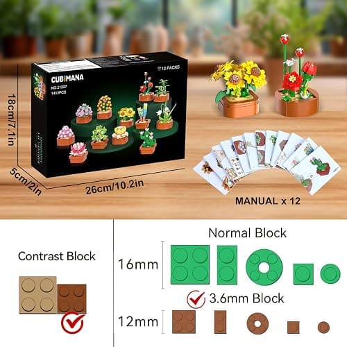 CUBIMANA 12 Pack Flowers Succulents Mini Building Set - 1403PCS Flower Botanical Collection for Home Décor 3.6MM Plant Building Blocks Toy, Party Favors for Christmas Birthday Adults Women Kids 10+ thumbnail 3