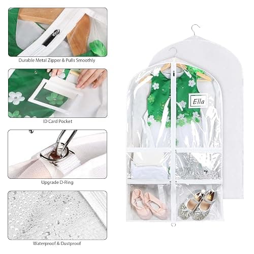 Syeeiex 3" Gusseted Dance Costume Garment Bag(5 Pack), 40'' Dance Garment Bags for Dancers with 4 Zipper Pockets & Can Hold 1-3 Dance Costumes - Suitable for Dance Competitions, Ballet(White) thumbnail 6