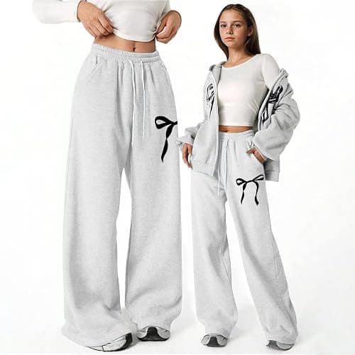Cute Sweatpants for Teen Girls Bowknot Baggy Sweat Pants Elastic High Waist Wide Leg Lounge Athletic Pants 4-13Years thumbnail 2