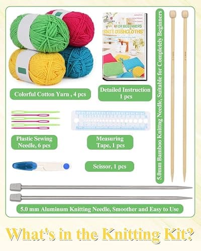 Aeelike Knitting Kit for Beginners, Complete Beginner Knitting Kit Easy Knitting Set Including Knitting Needles Set Cotton Yarn, Learn to Knit Dishcloth with Step-by-Step Instructions, Colorful thumbnail 4