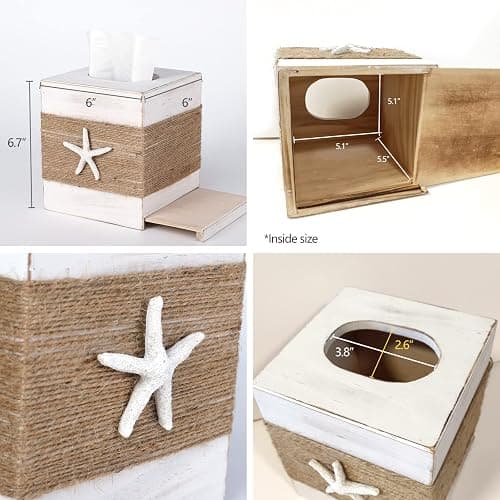 SOMTO Beach Rustic White Wood Square Tissue Box Cover,Farmhouse Bathroom Accessories Starfish Decor Tissue Holder with Slide-Out Bottom Panel… - White thumbnail 6